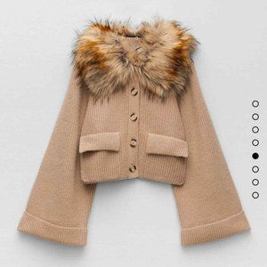 ZARA KNIT CARDIGAN WITH FAUX FUR COLLAR in Dark Mink